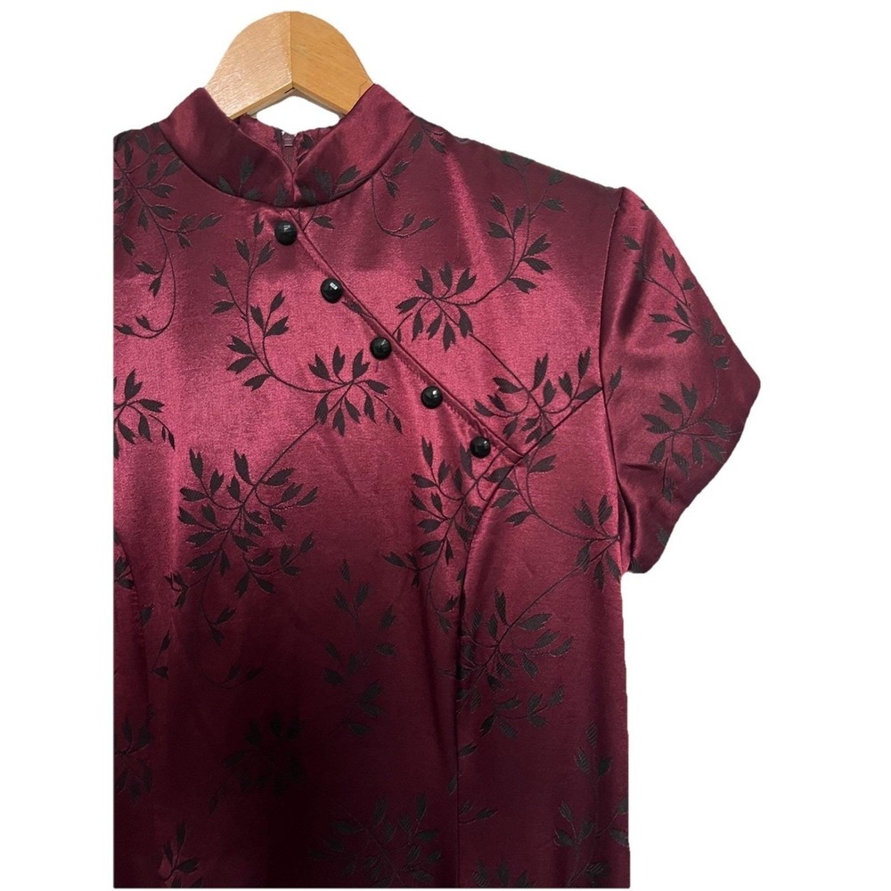 Vintage 90s Dawn Joy Satin Cheongsam Maxi Dress Burgundy Floral Goth Y2K 7/8